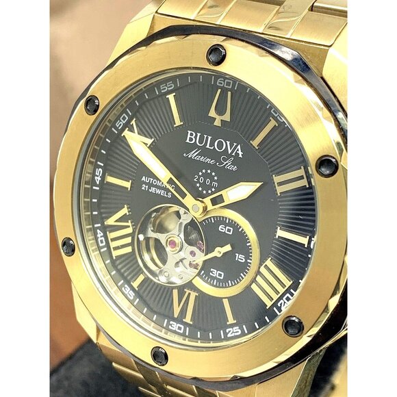 Bulova Men's Watch 98A273 Marine Star Automatic Black Dial Gold Stainless Steel - Picture 1 of 13